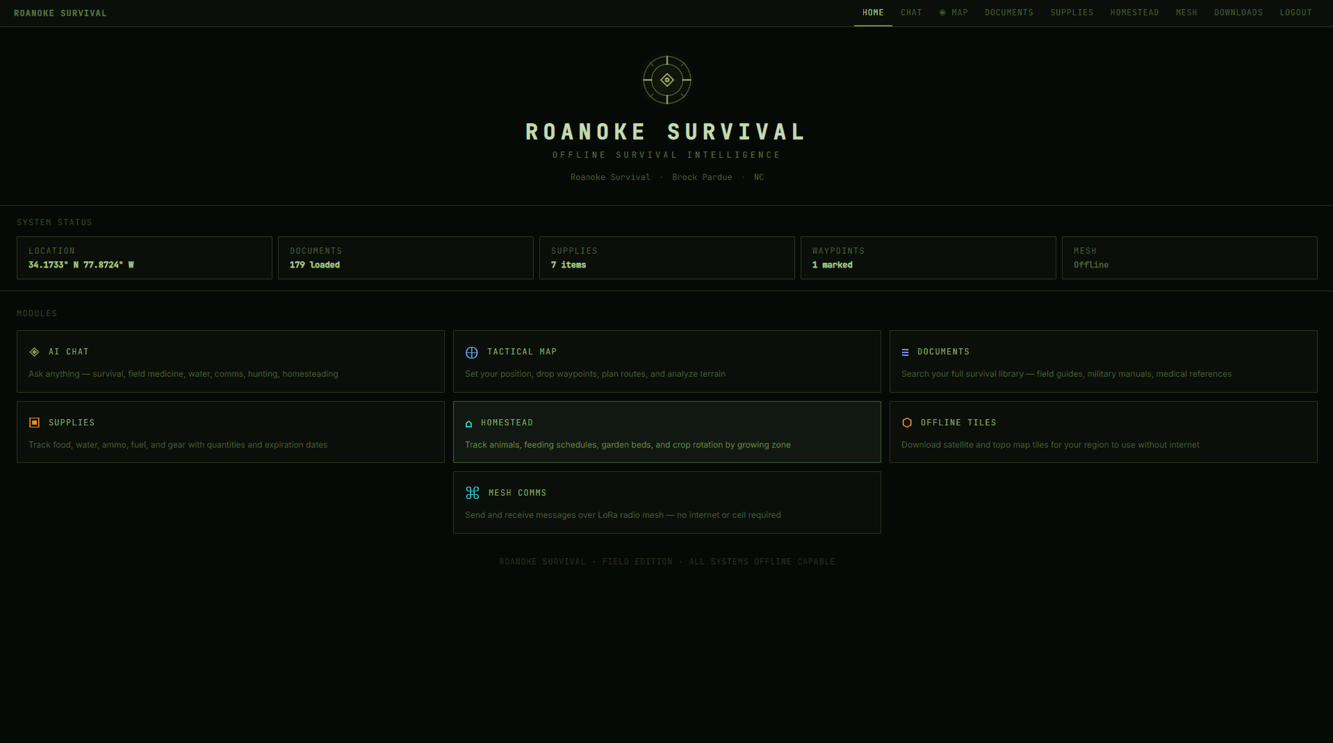 Roanoke Survival main dashboard