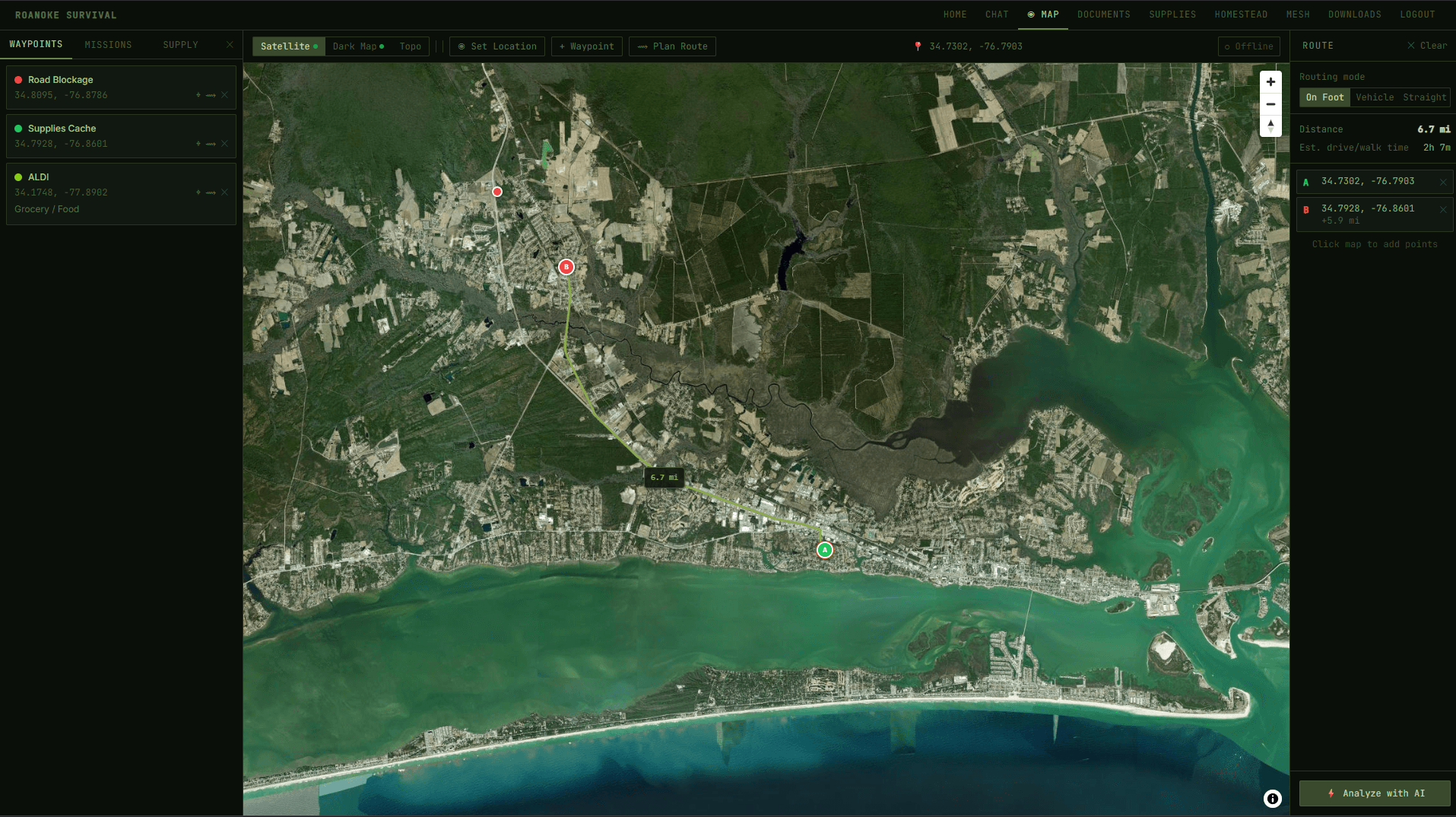Roanoke Survival offline satellite map with waypoints